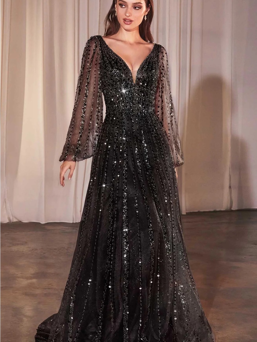 Black Sequin Long-Sleeve Evening Gown